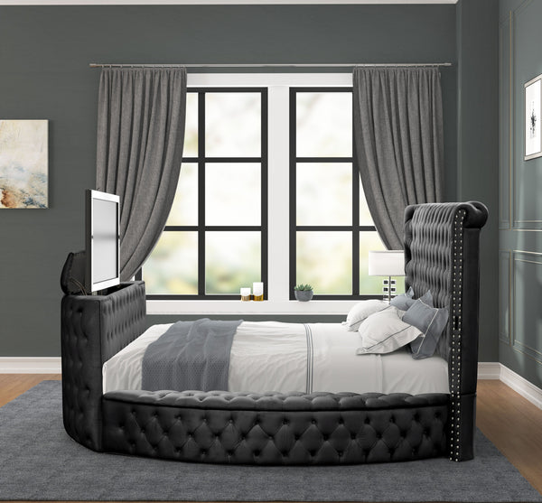 English Elm Modern Crystal Tufted Queen Bed With Storage & Usb Chargers - Elegant Black Wood Frame Design B009S01127