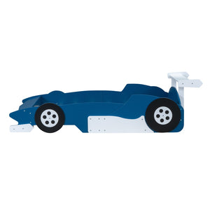 English Elm Twin Race Car Platform Bed for Kids Motorsport Bedroom with Built-in Safety Rails Blue N708P404595C