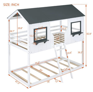 English Elm Twin Over Pine Bunk Bed Playhouse Design with Roof Windows and Guardrails LT000045AAK-1