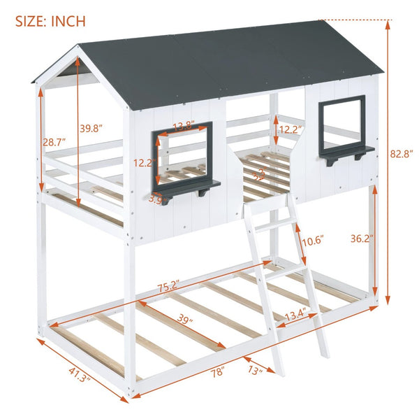 English Elm Twin Over Pine Bunk Bed Playhouse Design with Roof Windows and Guardrails LT000045AAK-1