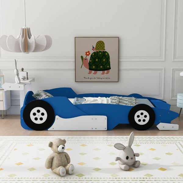 English Elm Twin Race Car Platform Bed for Kids Motorsport Bedroom with Built-in Safety Rails Blue N708P404595C