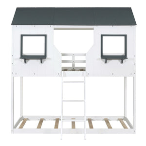 English Elm Twin Over Pine Bunk Bed Playhouse Design with Roof Windows and Guardrails LT000045AAK-1