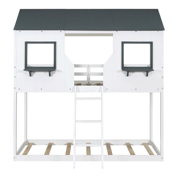English Elm Twin Over Pine Bunk Bed Playhouse Design with Roof Windows and Guardrails LT000045AAK-1