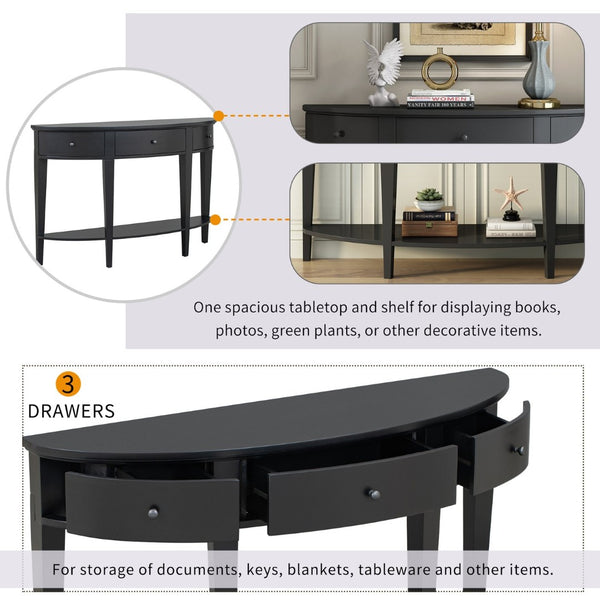 English Elm U-style Curved Console Table with 3 Drawers Open Shelf Entryway Hallway Storage WF312995AAB