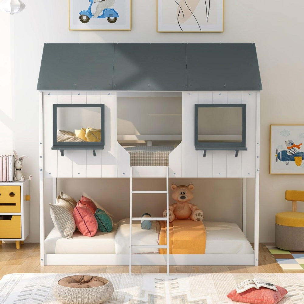 English Elm Twin Over Pine Bunk Bed Playhouse Design with Roof Windows and Guardrails LT000045AAK-1