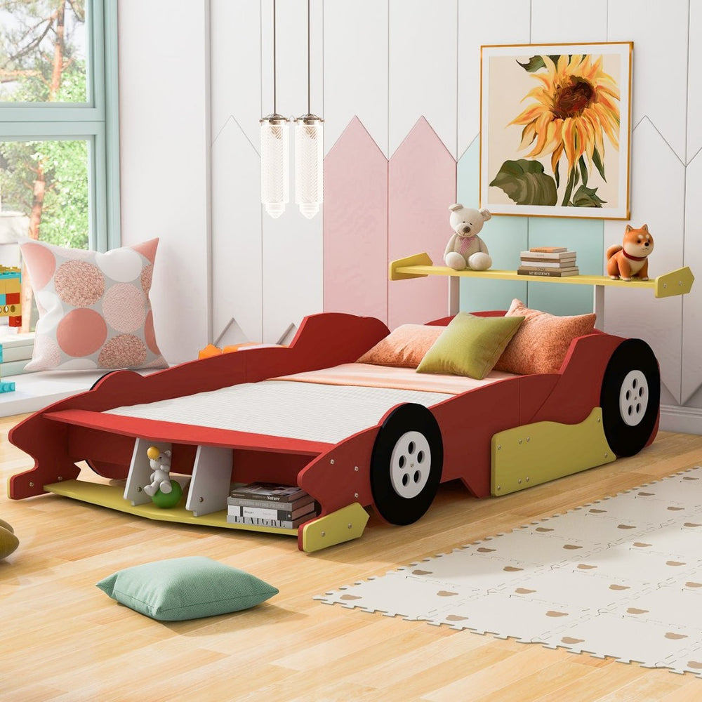 English Elm Full Size Race Car Platform Bed for Kids with Built-in Rails and Sporty Design Red LP002420AAJ-1