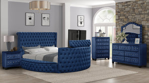 English Elm Modern Crystal Tufted Queen Bed In Elegant Blue Velvet With Storage, Usb Chargers & Tv Stand Feature B009S01117