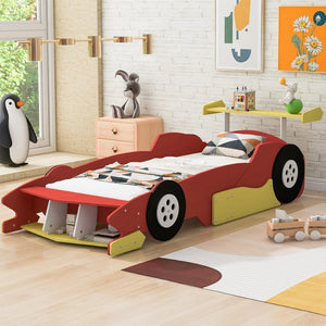 English Elm Twin Race Car Platform Bed for Kids Motorsport Bedroom with Built-in Safety Rails Red N708P404595J