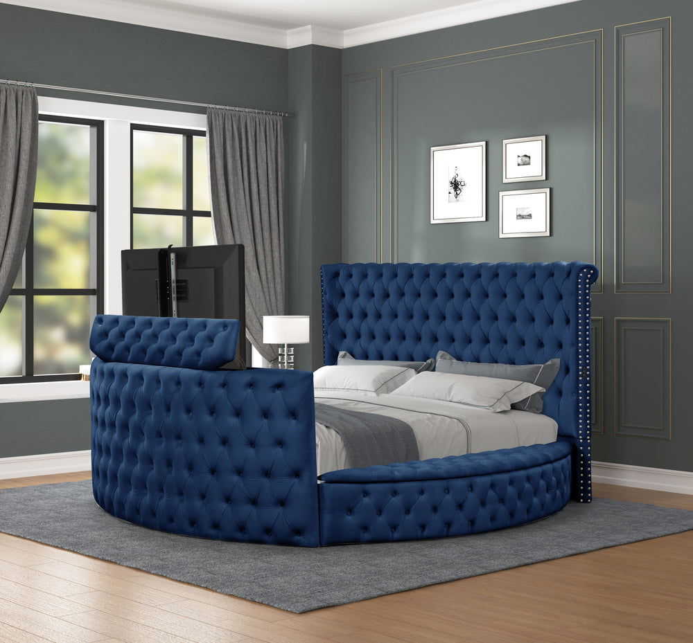 English Elm Modern Crystal Tufted Queen Bed In Elegant Blue Velvet With Storage, Usb Chargers & Tv Stand Feature B009S01117