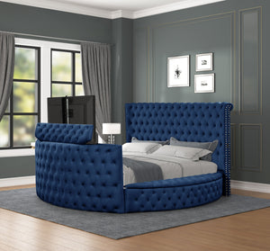 English Elm Modern Crystal Tufted Queen Bed In Elegant Blue Velvet With Storage, Usb Chargers & Tv Stand Feature B009S01117