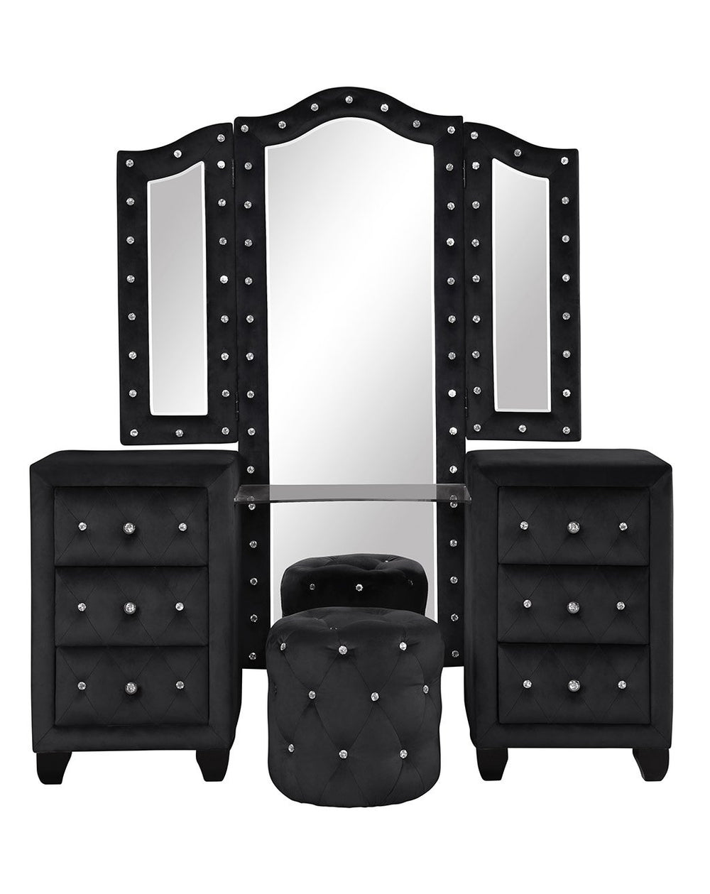 English Elm Crystal Tufted Queen 4-Pc Vanity Bedroom Set With Usb Charging & Tv Stand Footboard In Black B009S01132