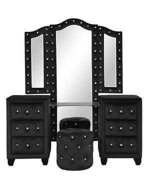 English Elm Crystal Tufted Queen 4-Pc Vanity Bedroom Set With Usb Charging & Tv Stand Footboard In Black B009S01132