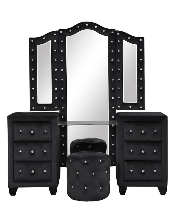 English Elm Crystal Tufted Queen 5 Pc Vanity Bedroom Set In Black - Luxurious Design With Smart Features & Storage B009S01133