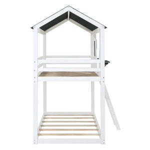 English Elm Twin Over Pine Bunk Bed Playhouse Design with Roof Windows and Guardrails LT000045AAK-1