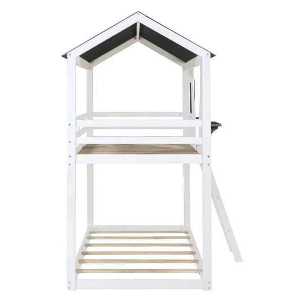 English Elm Twin Over Pine Bunk Bed Playhouse Design with Roof Windows and Guardrails LT000045AAK-1
