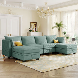 English Elm U_style Six Seat Modular U-shaped Sectional with Hidden Storage and Sleeper Function Light Green WY000363AAC