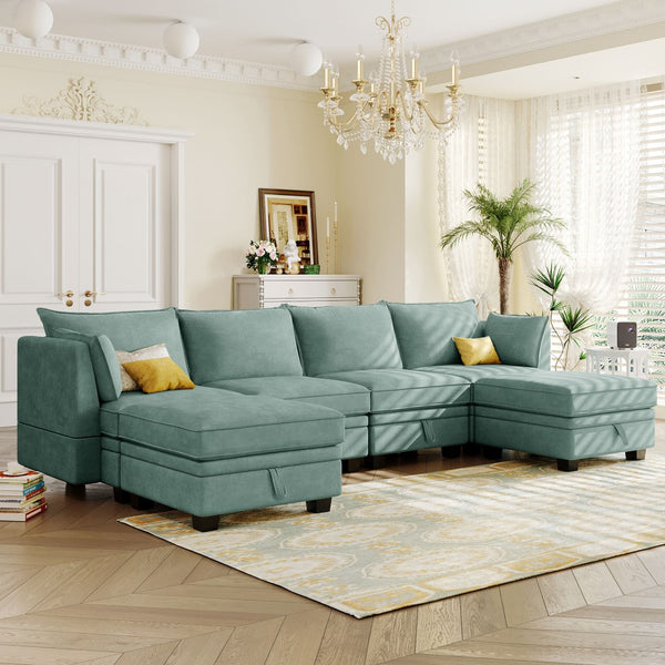 English Elm U_style Six Seat Modular U-shaped Sectional with Hidden Storage and Sleeper Function Light Green WY000363AAC