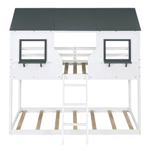 English Elm Twin Over Pine Bunk Bed Playhouse Design with Roof Windows and Guardrails LT000045AAK-1