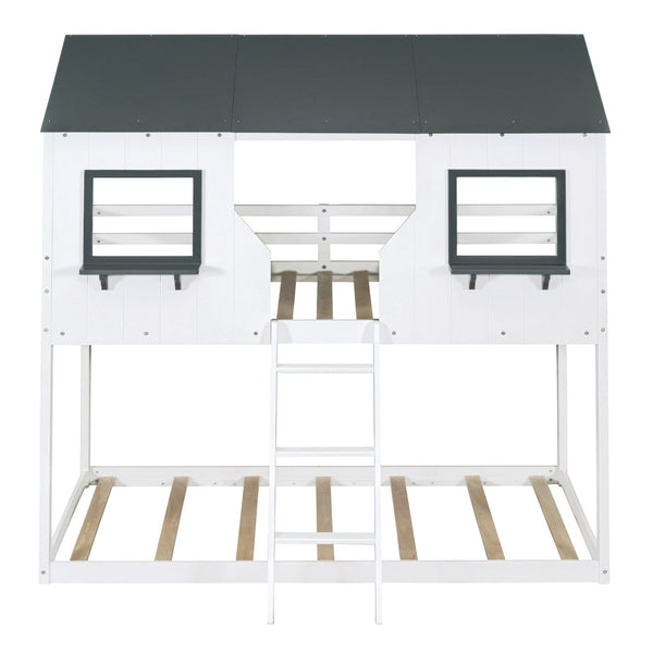 English Elm Twin Over Pine Bunk Bed Playhouse Design with Roof Windows and Guardrails LT000045AAK-1