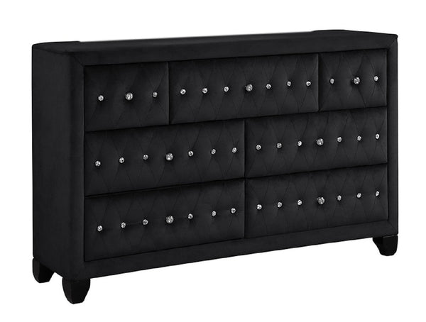 English Elm Sophia Velvet 7-Drawer Tufted Fabric Dresser in Black — Modern Crystal Accent, Spacious & Elegant Organizer 808857844910