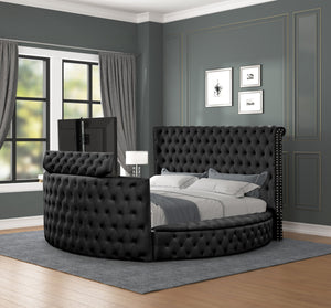 English Elm Modern Crystal Tufted Queen Bed With Storage & Usb Chargers - Elegant Black Wood Frame Design B009S01127