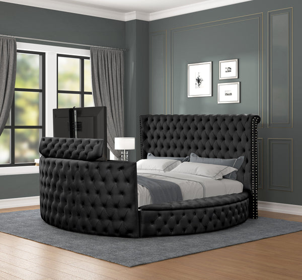 English Elm Modern Crystal Tufted Queen Bed With Storage & Usb Chargers - Elegant Black Wood Frame Design B009S01127