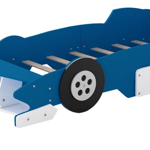 English Elm Twin Race Car Platform Bed for Kids Motorsport Bedroom with Built-in Safety Rails Blue N708P404595C