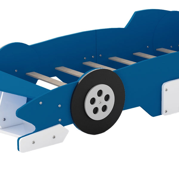 English Elm Twin Race Car Platform Bed for Kids Motorsport Bedroom with Built-in Safety Rails Blue N708P404595C