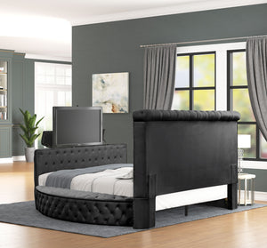 English Elm Modern Crystal Tufted Queen Bed With Storage & Usb Chargers - Elegant Black Wood Frame Design B009S01127