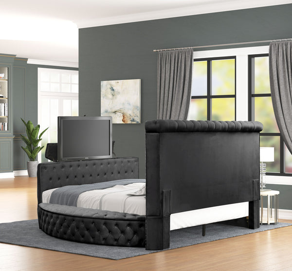 English Elm Modern Crystal Tufted Queen Bed With Storage & Usb Chargers - Elegant Black Wood Frame Design B009S01127