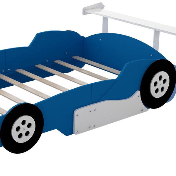 English Elm Full Size Race Car Platform Bed for Kids with Built-in Rails and Sporty Design Blue LP002420AAC
