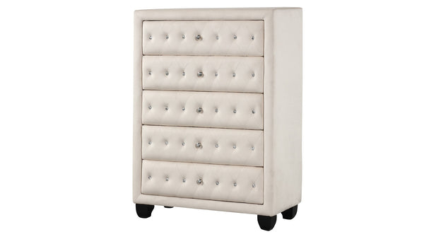 English Elm Sophia 5-Drawer Chest In Cream Velvet - Glamorous Crystal-Tufted Design For Modern Bedrooms B009136651-GIGA