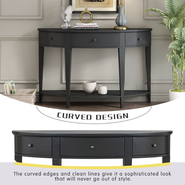 English Elm U-style Curved Console Table with 3 Drawers Open Shelf Entryway Hallway Storage WF312995AAB