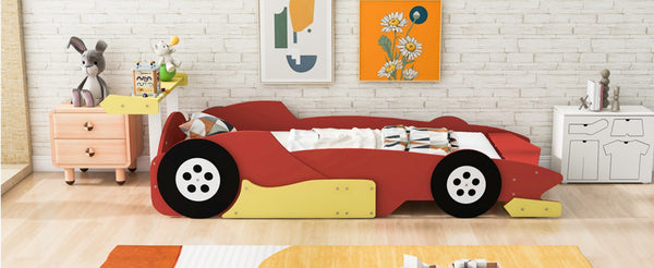 English Elm Twin Race Car Platform Bed for Kids Motorsport Bedroom with Built-in Safety Rails Red N708P404595J