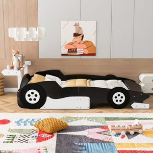 English Elm Full Size Race Car Platform Bed for Kids with Built-in Rails and Sporty Design Black LP002420AAB