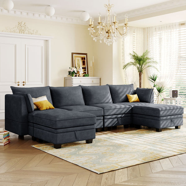 English Elm U_style Six Seat Modular U-shaped Sectional with Hidden Storage and Sleeper Function Dark Grey WY000363AAD