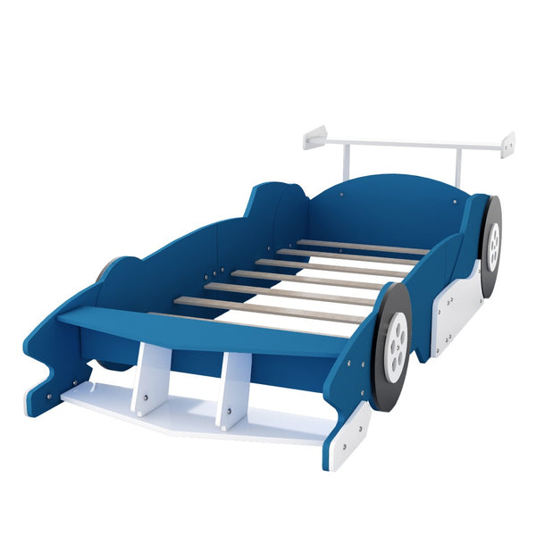 English Elm Twin Race Car Platform Bed for Kids Motorsport Bedroom with Built-in Safety Rails Blue N708P404595C