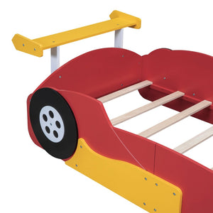 English Elm Twin Race Car Platform Bed for Kids Motorsport Bedroom with Built-in Safety Rails Red N708P404595J