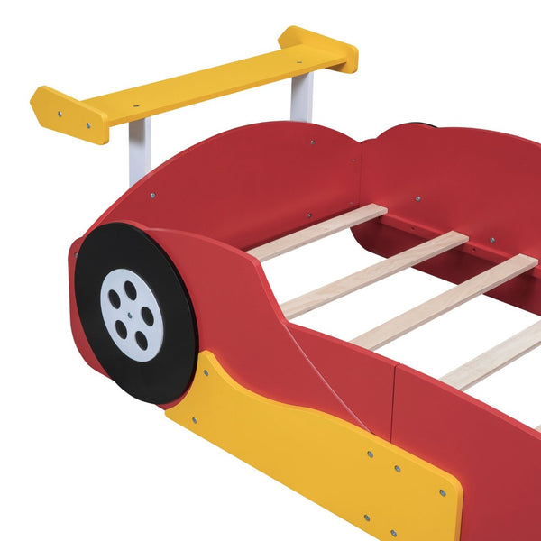 English Elm Twin Race Car Platform Bed for Kids Motorsport Bedroom with Built-in Safety Rails Red N708P404595J