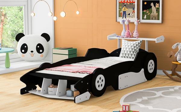 English Elm Twin Race Car Platform Bed for Kids Motorsport Bedroom with Built-in Safety Rails Black N708P404595B