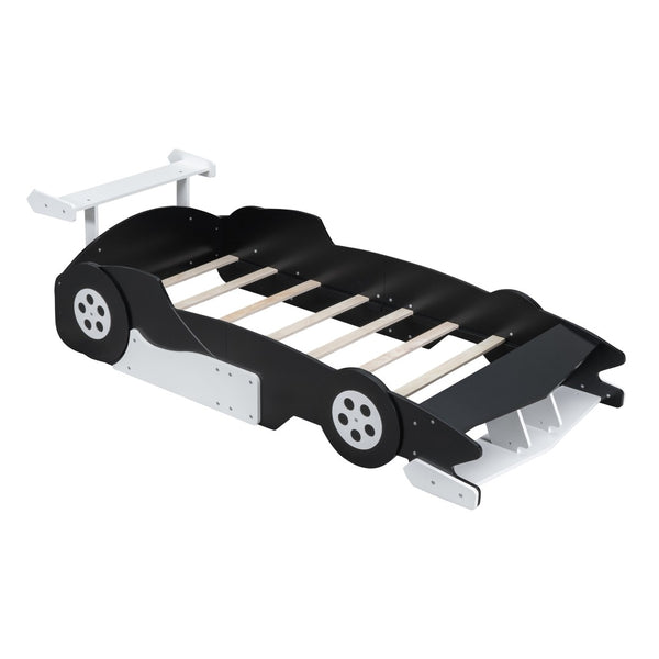 English Elm Twin Race Car Platform Bed for Kids Motorsport Bedroom with Built-in Safety Rails Black N708P404595B