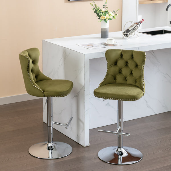 English Elm Swivel Velvet Barstools Adjustable 25–33" Seat Height, Tufted Back, Chrome Base, Modern Pub Comfort Olive Green W1143124780