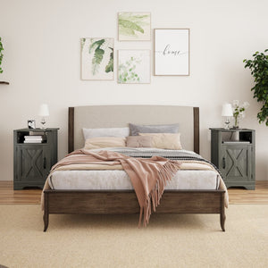English Elm Farmhouse Rustic Nightstand Set of 2 with Built-in Charging Station and Open Display Shelf Dark Grey B082134937