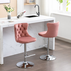 English Elm Swivel Velvet Barstools with Tufted Back and Chrome Base, Adjustable 25-33" Height, 360° Comfort Pink W1143124778