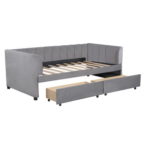 English Elm Twin Upholstered Daybed with Ergonomic Backrest, Classic Stripe Headboard and Hidden Storage Drawers Gray SF000071AAE