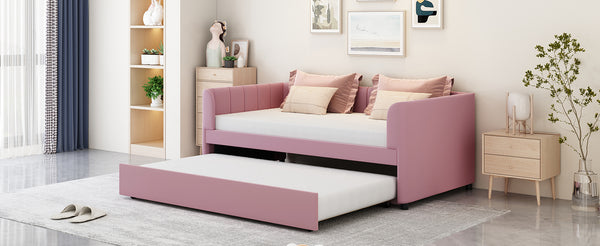 English Elm Twin Upholstered Daybed with Ergonomic Backrest and Velvet Finish, Twin Trundle for Guests and Space Saving Pink SF000072AAH