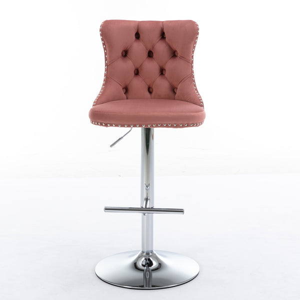 English Elm Swivel Velvet Barstools Adjustable 25–33" Seat Height, Tufted Back, Chrome Base, Modern Pub Comfort Pink W1143124778