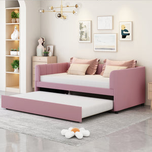 English Elm Twin Upholstered Daybed with Ergonomic Backrest and Velvet Finish, Twin Trundle for Guests and Space Saving Pink SF000072AAH
