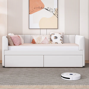 English Elm Twin Upholstered Daybed with Ergonomic Backrest, Classic Stripe Headboard and Hidden Storage Drawers Beige SF000071AAA