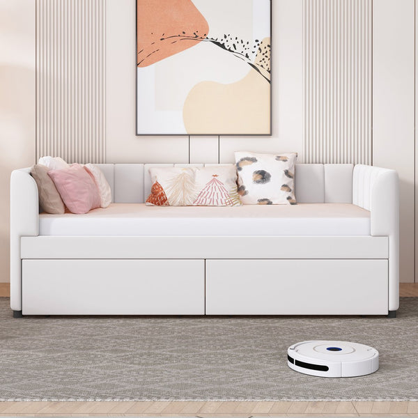 English Elm Twin Upholstered Daybed with Ergonomic Backrest, Classic Stripe Headboard and Hidden Storage Drawers Beige SF000071AAA